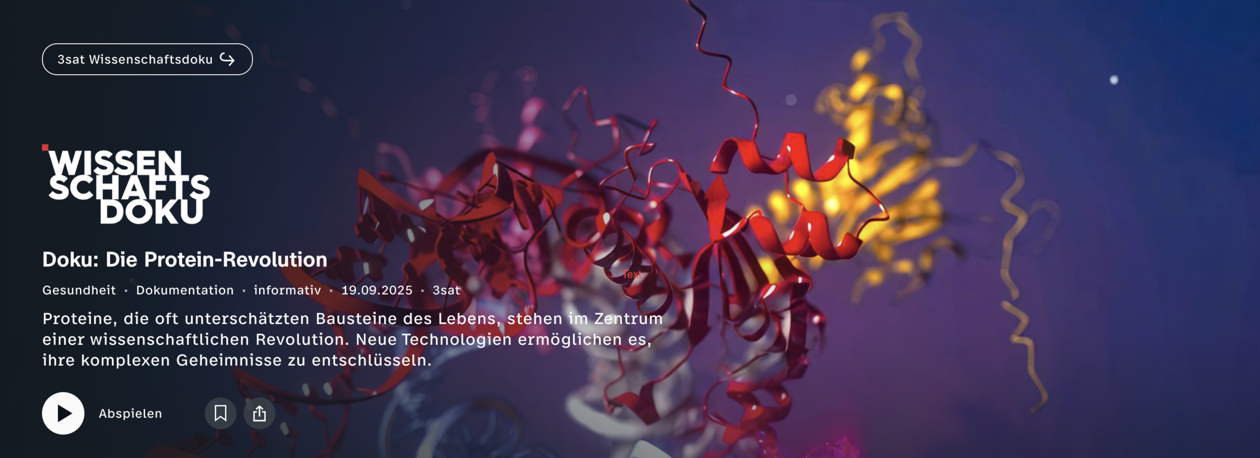 A diagramm of a protein overlayed with text advertising a documentary which was aired on 3sat